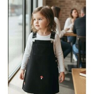 Forever 21 Black Corduroy Overalls Mushroom Embroidery Straps Girl's SZ 5/6